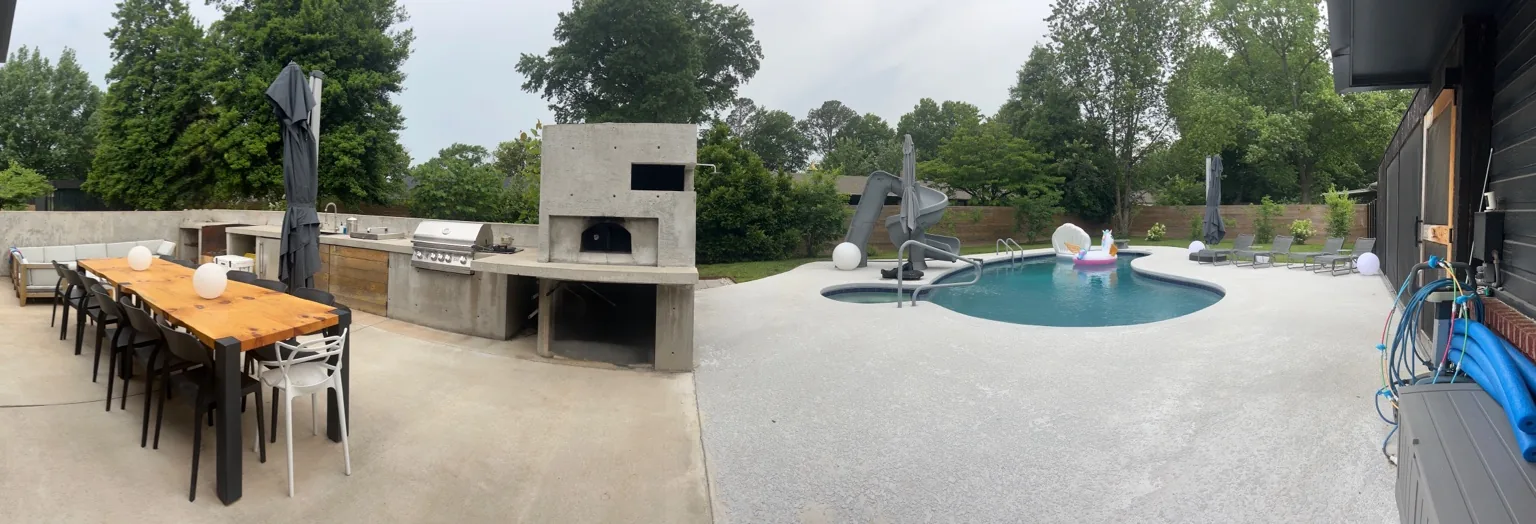 Pool, patio, outdoor kitchen, and yard